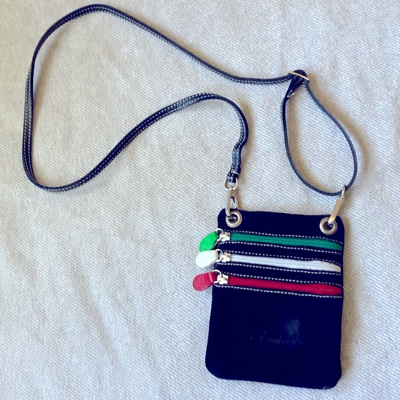 Amica Italian Suede Crossbody Black with Multi Colored Zippers Travel - Picture 1 of 6